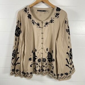 Gudrun Sjoden Womens Dark Floral 100% Cotton Cardigan Sweater sz L Tan Bohemian